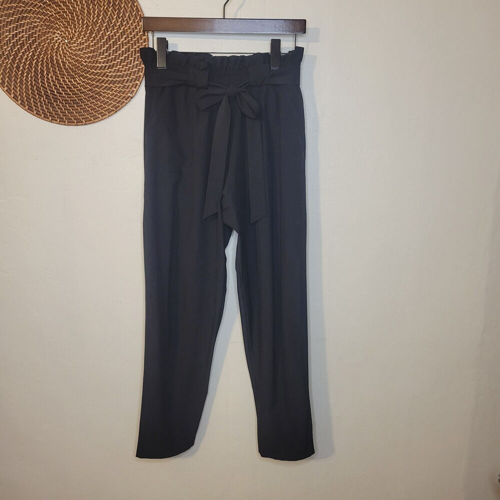 Albion Black Paperbag‎ Waist Tapered Trousers High Rise Tie Belt Pants Pockets